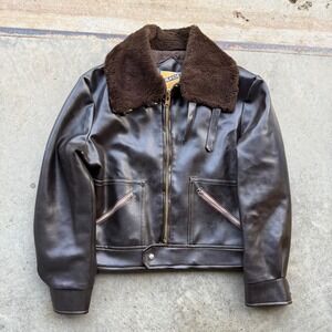 Vintage 70s Avalanche Brown Faux Leather Bomber Flight Jacket Faux Fur Collar M